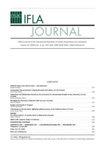 IFLA JOURNAL Official Journal of the International Federation of Library Associations and Institutions Volume[removed]No. 3, pp. 225–293. ISSN[removed]SAGE Publications  CONTENTS