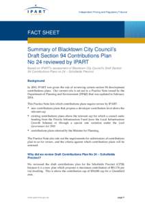 Independent Pricing and Regulatory Tribunal  FACT SHEET Summary of Blacktown City Council’s Draft Section 94 Contributions Plan