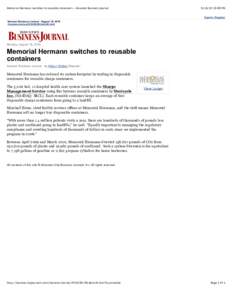 Memorial Hermann switches to reusable containers - Houston Business Journal[removed]:08 PM Sign In / Register  Houston Business Journal - August 16, 2010
