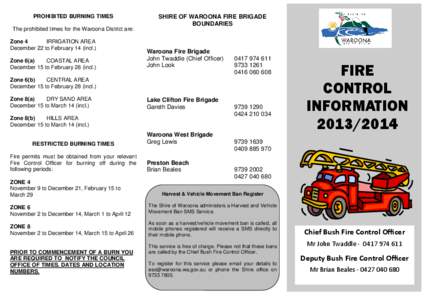 PROHIBITED BURNING TIMES The prohibited times for the Waroona District are: Zone 4 IRRIGATION AREA December 22 to February 14 (incl.) Zone 6(a)