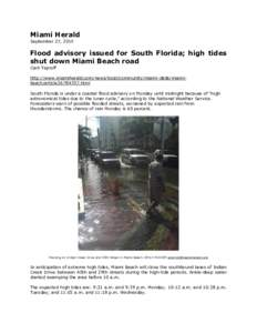 Miami Herald September 27, 2015 Flood advisory issued for South Florida; high tides shut down Miami Beach road Carli Teproff