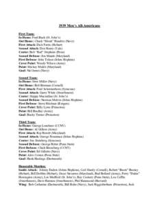 1939 Men’s All-Americans First Team: In Home: Fred Buck (St. John’s) Out Home: Chuck “Monk” Hendrix (Navy) First Attack: Dick Ferris (Hobart) Second Attack: Don Henry (Yale)