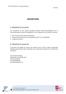 FACULTÉ DE DROIT / Université de Fribourg[removed]INSCRIPTIONS  A. Modalités d’inscription