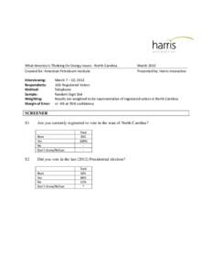 What America Is Thinking On Energy Issues - North Carolina Created for: American Petroleum Institute Interviewing: Respondents: Method: Sample:
