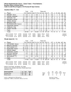Official Basketball Box Score -- Game Totals -- Final Statistics Southern Miss vs Rhode Island[removed]:00 PM at Kingston, RI (Thomas M. Ryan Center) Southern Miss 77 • 12-2 Total 3-Ptr