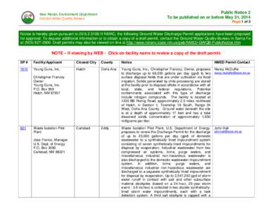 Public Notice 2 To be published on or before May 31, 2014 New Mexico Environment Department Ground Water Quality Bureau