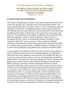 III EXTRAORDINARY GENERAL ASSEMBLY PASTORAL CHALLENGES TO THE FAMILY IN THE CONTEXT OF EVANGELIZATION Preparatory Document Vatican City – 2013 I. Synod: Family and Evangelization