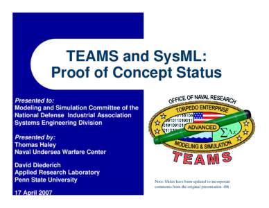 TEAMS and SysML: Proof of Concept Status Presented to: Modeling and Simulation Committee of the National Defense Industrial Association Systems Engineering Division