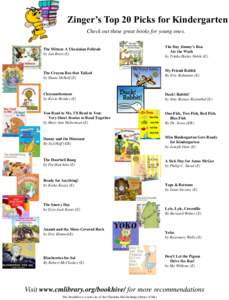 Zinger’s Top 20 Picks for Kindergarten Check out these great books for young ones. The Mitten: A Ukrainian Folktale by Jan Brett (E)  The Crayon Box that Talked