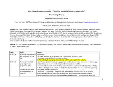 Inter-Task project planning meeting – “Mobilising sustainable bioenergy supply chains” Final Meeting Minutes Prepared by Jamie Joudrey (Canada) Town Hall Room (23rd floor), Beurs-WTC Congress & Event Center, Stadsd