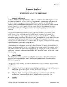Page 1 of 9  Town of Addison STORMWATER UTILITY FEE CREDIT POLICY I. Authority and Purpose