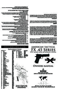 Schematic is 1911 military model: Parts list is for Military, GI, Titan, and Thunderbolt Models 100 Airpark · Drive Rochester, New York0945 · FAX · WWW.AMERICANTACTICAL.US