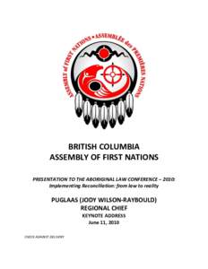 BRITISH COLUMBIA ASSEMBLY OF FIRST NATIONS PRESENTATION TO THE ABORIGINAL LAW CONFERENCE – 2010: Implementing Reconciliation: from law to reality  PUGLAAS (JODY WILSON-RAYBOULD)