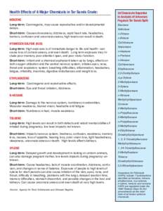 Health Effects of 6 Major Chemicals in Tar Sands Crude: BENZENE Long-term: Carcinogenic, may cause reproductive and/or developmental delays. Short-term: Causes drowsiness, dizziness, rapid heart rate, headaches, tremors,