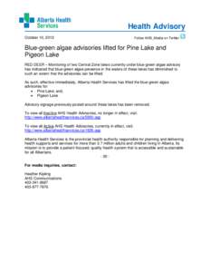 Blue-green algae advisories lifted for Pine Lake and Pigeon Lake - October 10, 2012