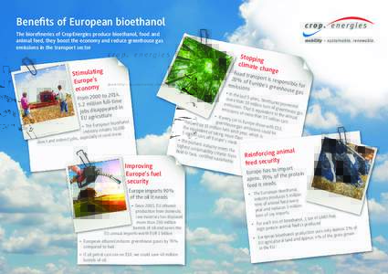 Benefits of European bioethanol The biorefineries of CropEnergies produce bioethanol, food and animal feed, they boost the economy and reduce greenhouse gas emissions in the transport sector  Stoppin