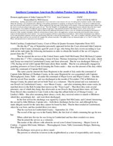 Southern Campaigns American Revolution Pension Statements & Rosters Pension application of John Cameron W1711 Transcribed by Will Graves Jane Cameron