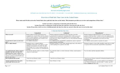 Overview of Paid Sick Time Laws in the United States Three states and 18 cities across the United States have paid sick time laws on the books. This document provides an overview and comparison of these laws.1 Section I 