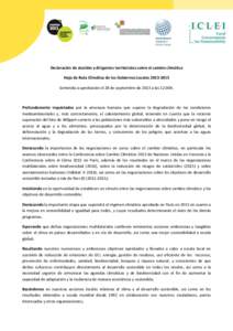 Declaración de alcaldes y dirigentes territoriales sobre el cambio climático Hoja de Ruta Climática de los Gobiernos LocalesSometida a aprobación el 28 de septiembre de 2013 a las 12:00h. Profundamente inq