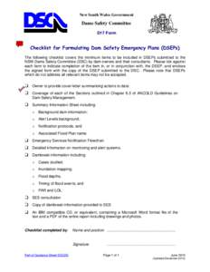 New South Wales Government  Dams Safety Committee D17 Form  Checklist for Formulating Dam Safety Emergency Plans (DSEPs)