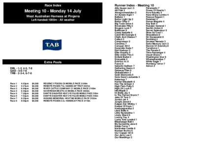 Race Index  Meeting 10 - Monday 14 July West Australian Harness at Pinjarra Left-handed-1000m - All weather