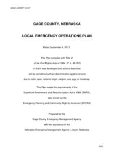 GAGE COUNTY LEOP  GAGE COUNTY, NEBRASKA LOCAL EMERGENCY OPERATIONS PLAN Dated September 4, 2013