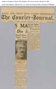 Article on the death of Warren Clay Callahan, The Courier Journal, January 23, 1934 Foster Hall Collection, CAM.FHC[removed], Center for American Music, University of Pittsburgh. 