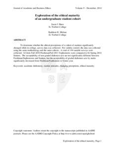 Journal of Academic and Business Ethics  Volume 9 – December, 2014 Exploration of the ethical maturity of an undergraduate student cohort