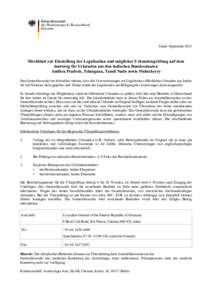 Stand: SeptemberMerkblatt zur Einstellung der Legalisation und möglicher Urkundenprüfung auf dem Amtsweg für Urkunden aus den indischen Bundesstaaten Andhra Pradesh, Telangana, Tamil Nadu sowie Puducherry Das G