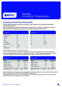 Fact Sheet  University Postgraduate Calculating a Grade Point Average (GPA) Using the grades reported on your academic transcript, a value is assigned to each grade within the relevant institution’s grading system.