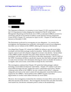 U.S. Department of Labor  Office of Labor-Management Standards Division of Enforcement Washington, DC[removed]0143 Fax: ([removed]