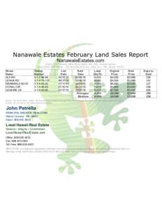 Nanawale Estates February Land Sales Report NanawaleEstates.com ©2015 John Petrella, REALTOR® ABR® GRI, SFR, Principal Broker Local Hawaii Real EstateKamehameha Ave, SuiteHilo, Hawaii 96720