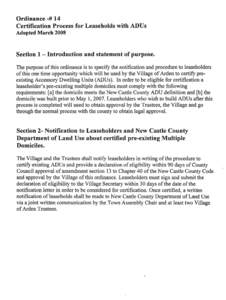 Ordinance -# 14 Certification Process for Leaseholds with ADUs Adopted March 2008 Section 1 - Introduction and statement of purpose. The purpose of this ordinance is to specify the notification and procedure to leasehold