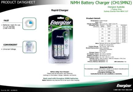 PRODUCT DATASHEET  NiMH Battery Charger (CH15MN2) Energizer Australia  1 Figtree Drive