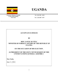 UGANDA Permanent Mission of Uganda To the United Nations New York  Tel : ([removed] – 0110