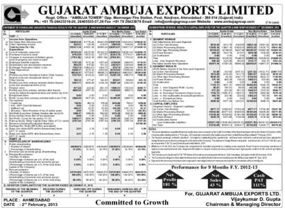 GUJARAT AMBUJA EXPORTS LIMITED  Regd. Office : “AMBUJA TOWER” Opp. Memnagar Fire Station, Post. Navjivan, Ahmedabad[removed]Gujarat) India Ph.: +[removed], [removed],39 Fax :+[removed]Email : info@