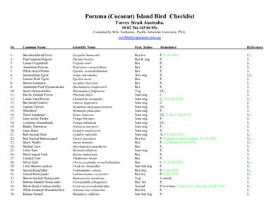 Poruma (Coconut) Island Bird Checklist Torres Strait Australia56s05e Compiled by M.K. Tarburton, Pacific Adventist University, PNG.  #n