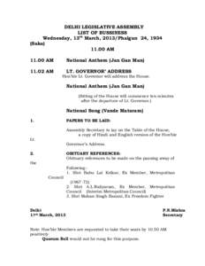 DELHI LEGISLATIVE ASSEMBLY LIST OF BUSSINESS Wednesday, 13th March, 2013/Phalgun 24, 1934 (SakaAMAM