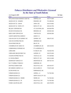 Tobacco Distributors and Wholesalers Licensed by the State of South Dakota As of August 8, 2015 Name  By Name