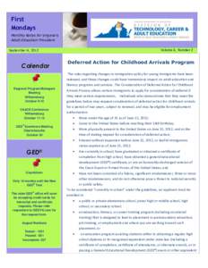 First Mondays Monthly Notes for Virginia’s Adult Education Providers September 4, 2012