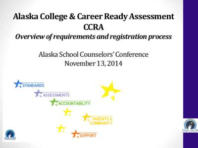 Alaska College & Career Ready Assessment CCRA Overview of requirements and registration process Alaska School Counselors’ Conference November 13, 2014