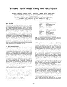 Scalable Topical Phrase Mining from Text Corpora Ahmed El-Kishky: , Yanglei Song: , Chi Wang§ , Clare R. Voss; , Jiawei Han: : Department of Computer Science The University of Illinois at Urbana Champaign §