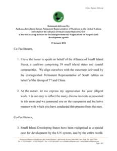 [Check Against Delivery]  Statement delivered by Ambassador Ahmed Sareer, Permanent Representative of Maldives to the United Nations on behalf of the Alliance of Small Island States (AOSIS) at the Stocktaking Session for