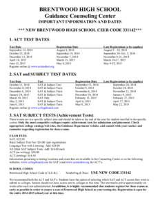 BRENTWOOD HIGH SCHOOL Guidance Counseling Center IMPORTANT INFORMATION AND DATES *** NEW BRENTWOOD HIGH SCHOOL CEEB CODE*** 1. ACT TEST DATES: Test Date