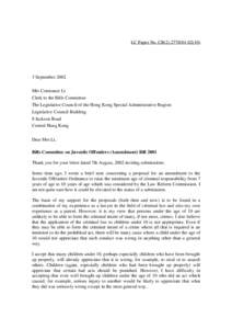 LC Paper No. CB[removed])  3 September 2002 Mrs Constance Li Clerk to the Bills Committee The Legislative Council of the Hong Kong Special Administrative Region