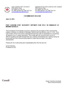 PORT ALBERNI PORT AUTHORITY 2750 Harbour Road Port Alberni, BC V9Y 7X2 Tel[removed]Fax[removed]www.portalberniportauthority.ca
