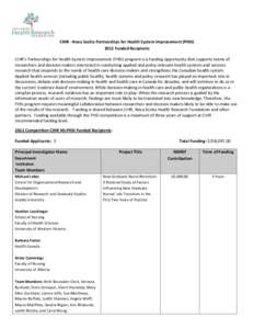 CIHR - Nova Scotia Partnerships for Health System Improvement (PHSI[removed]Funded Recipients CIHR’s Partnerships for Health System Improvement (PHSI) program is a funding opportunity that supports teams of researchers a