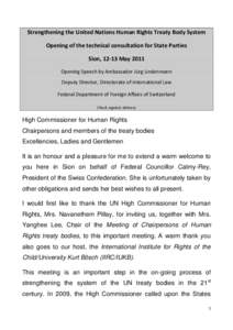 Strengthening the United Nations Human Rights Treaty Body System Opening of the technical consultation for State Parties Sion, 12-13 May 2011 Opening Speech by Ambassador Jürg Lindenmann Deputy Director, Directorate of 