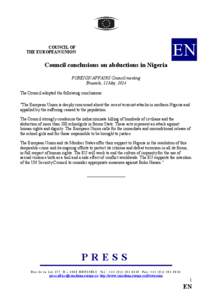 EN  COU CIL OF THE EUROPEA U IO  Council conclusions on abductions in igeria