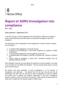 A8(1)  Report of ASRU Investigation into compliance Ref: A8(1) Date published: September 2014